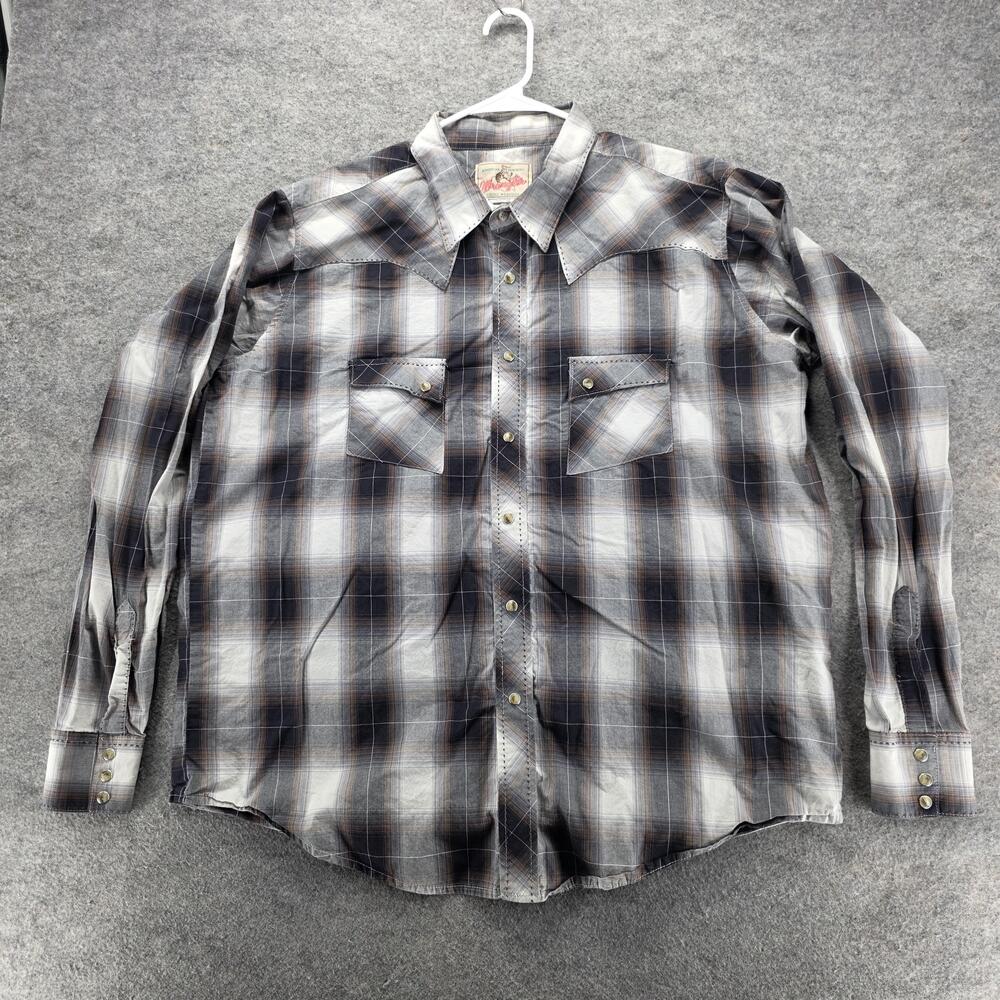 Wrangler Shirt Mens 2XL Brown Gray Plaid Pearl Snap Western Cowboy Long Sleeve